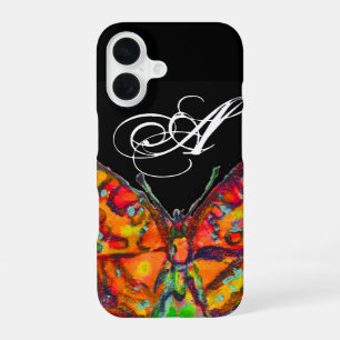 Coque iPhone 16 PAPILLON COLORÉ ROUGE OR JAUNE MONOGRAMME Noir