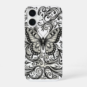 Coque iPhone 16 Papillon Monarchien Victorien – Noir et Blanc