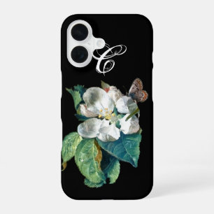 COQUE iPhone 16 PAPILLON SUR LA FLEUR BLANCHE , MONOGRAMME FLORAL