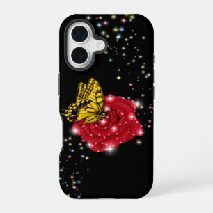 Coque iPhone 16 Papillon sur rose rouge avec étoiles et gouttes de