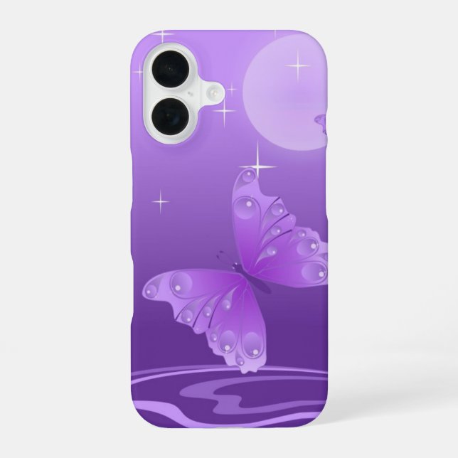 Coque iPhone 16 Papillon Violet sur le Lac Couvert de Rosée (Verso)