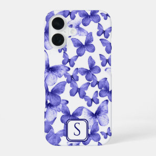 Coque iPhone 16 Papillons bleus Monogramme personnalisé moderne él