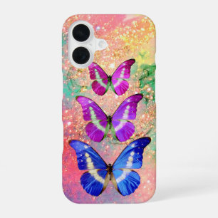 COQUE iPhone 16 PAPILLONS BLEUS VIOLETS ROSES DANS DES ÉTOINCELLES