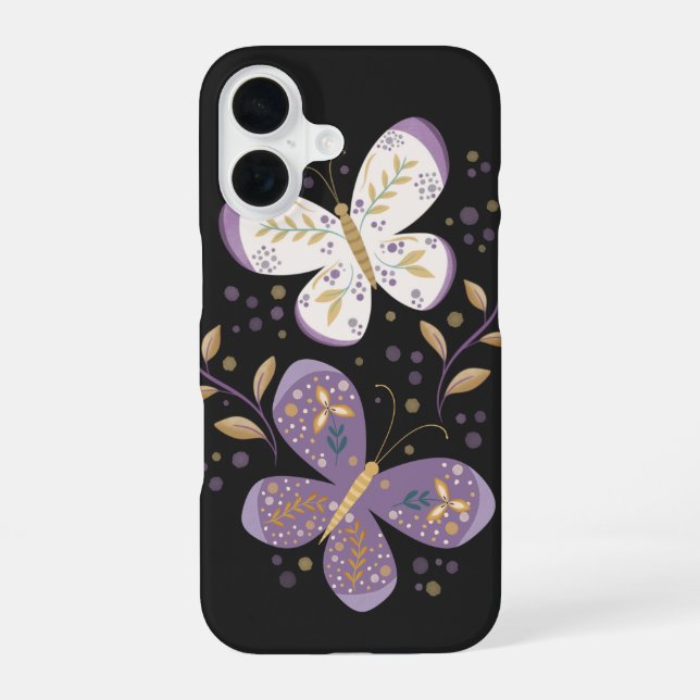 Coque iPhone 16 Papillons d'améthyste et d'or (Verso)