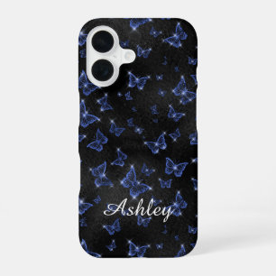 Coque iPhone 16 Papillons de nom de script bleu argenté moderne