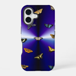 Coque iPhone 16 Papillons sur arc-en-ciel violet