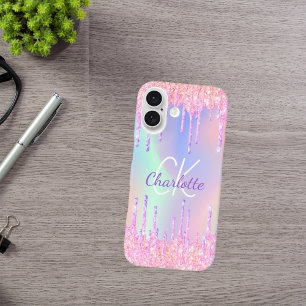 Coque iPhone 16 Parties scintillant arc-en-ciel goutte rose monogr