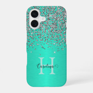 Coque iPhone 16 Parties scintillant Argent, Pinceau Acier Turquois