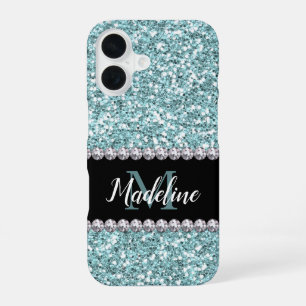 Coque iPhone 16 Parties scintillant bleu clair et pierres précieus