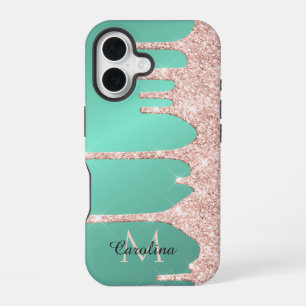 Coque iPhone 16 Parties scintillant de séchage rose sur Turquoise