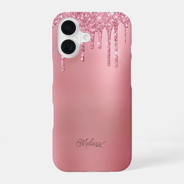 Coque iPhone 16 Parties scintillant moderne à goutte rose Personna (Verso)