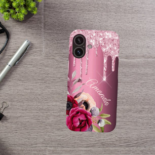 Coque iPhone 16 Parties scintillant rose goutte bordeaux fleurons