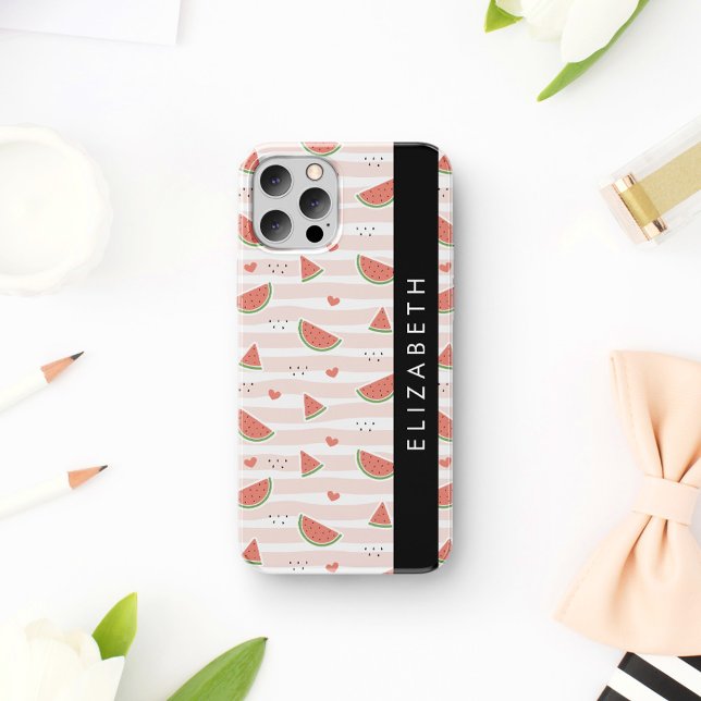 Coque iPhone 16 Pastèques rouges, cœurs, rayures, votre nom (Créateur téléchargé)