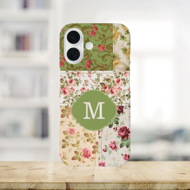 Coque iPhone 16 Patchwork Rose Monogramme Personnalisé (Créateur téléchargé)