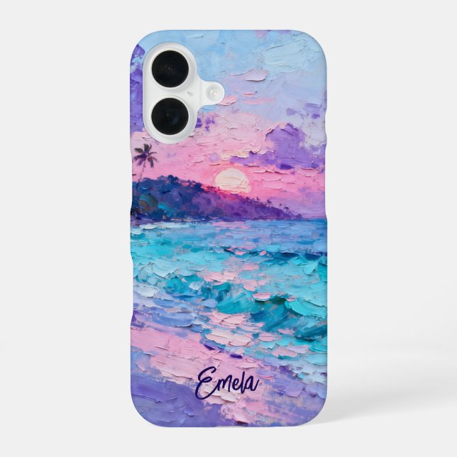 Coque iPhone 16 Paysage de coucher de soleil sur une île tropicale (Verso)