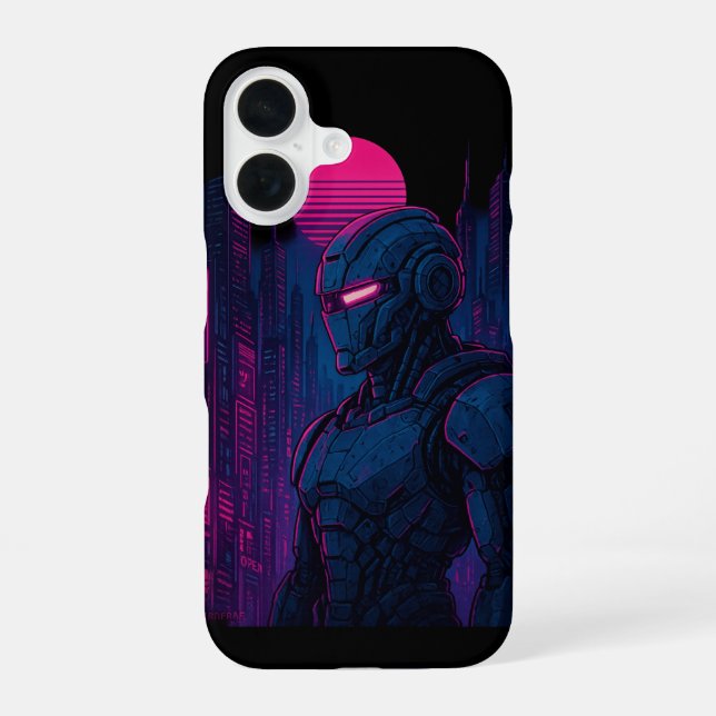 Coque iPhone 16 Paysage urbain néon Cyberpunk Robot — Dreamframe_U (Verso)