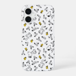 Coque iPhone 16 Peanuts Snoopy & Woodstock motif fleur noir et b