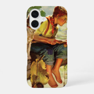 Coque iPhone 16 Pêche à l'ancienne, garçon avec son chiot et ses v