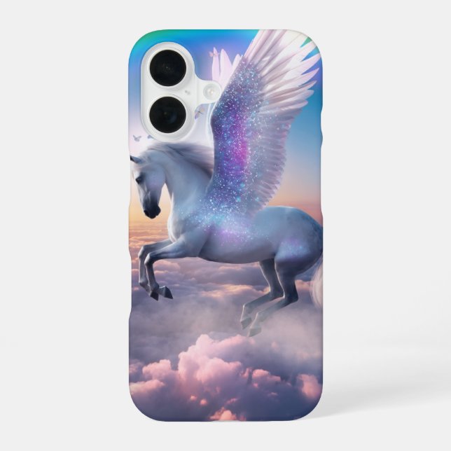 Coque iPhone 16 Pégase avec arc-en-ciel (Verso)
