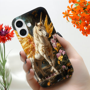 Coque iPhone 16 Pégase doré Fantaisie florale Fée Cheval
