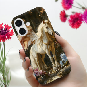 Coque iPhone 16 Pégase vintage blanc Château de fantasy mythologie