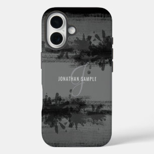 Coque iPhone 16 Peinture abstraite aquarelle noire monogramme gris