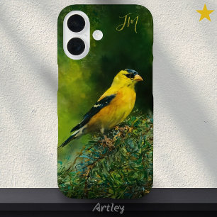 Coque iPhone 16 Peinture de chardonneret américain Nom personnalis