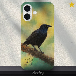 Coque iPhone 16 Peinture d'oiseau corbeau américain Initiales Nom