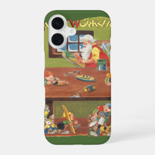 Coque iPhone 16 Père Noël vintage avec des lutins dans l'atelier d
