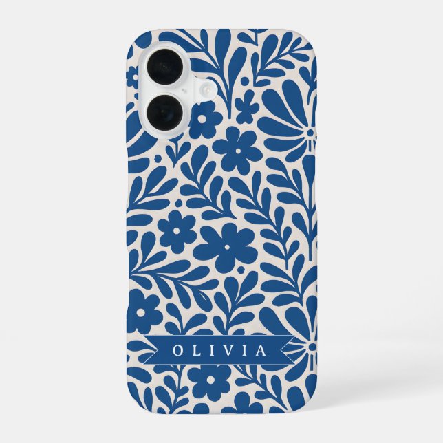 Coque iPhone 16 Personalized Blue Folk Floral Nordic Custom (Verso)