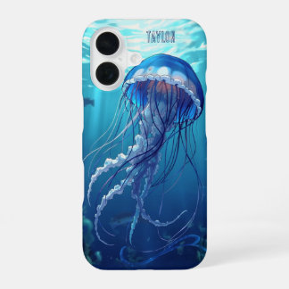 Coque iPhone 16 Personalized Blue Jellyfish Ocean