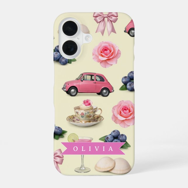 Coque iPhone 16 Personalized Cute Coquette Pink Cocktail Ribbon (Verso)