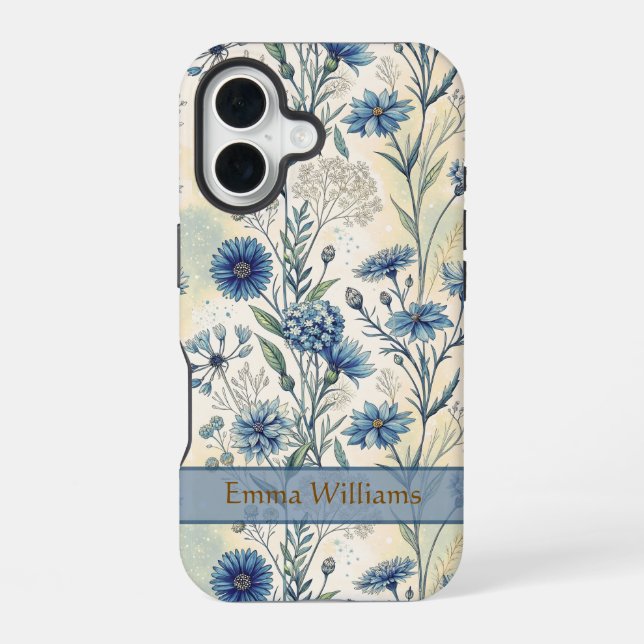 Coque iPhone 16 Personalized Name Blue Wildflowers (Verso)