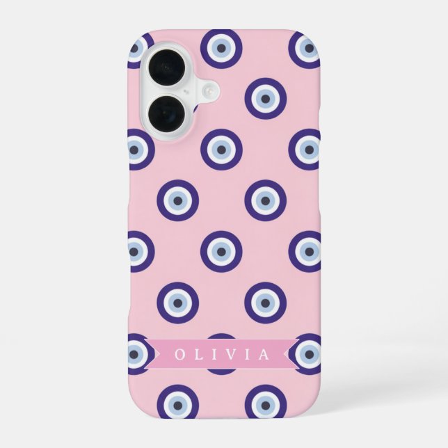 Coque iPhone 16 Personalized Pink Evil Eye Pattern Gifts With Name (Verso)