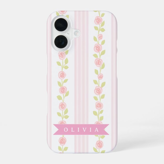 Coque iPhone 16 Personalized pink feminine coquette floral striped (Verso)