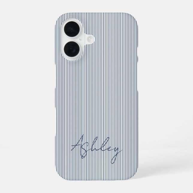 Coque iPhone 16 Personalized Striped Blue Tones Minimalist Chic (Verso)