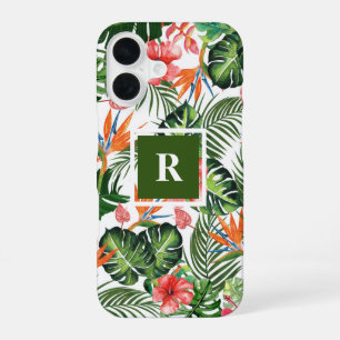 Coque iPhone 16 Personnalisé Monogramme Chic Tropical Motif Vert