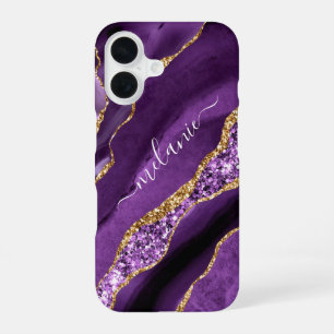 Coque iPhone 16 Personnalisé Votre Nom Purple Gold Parties scintil