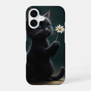 Coque iPhone 16 Petit chaton noir avec une marguerite blanche