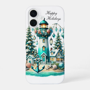 Coque iPhone 16 Phare de Noël festif personnalisable pour les Fête