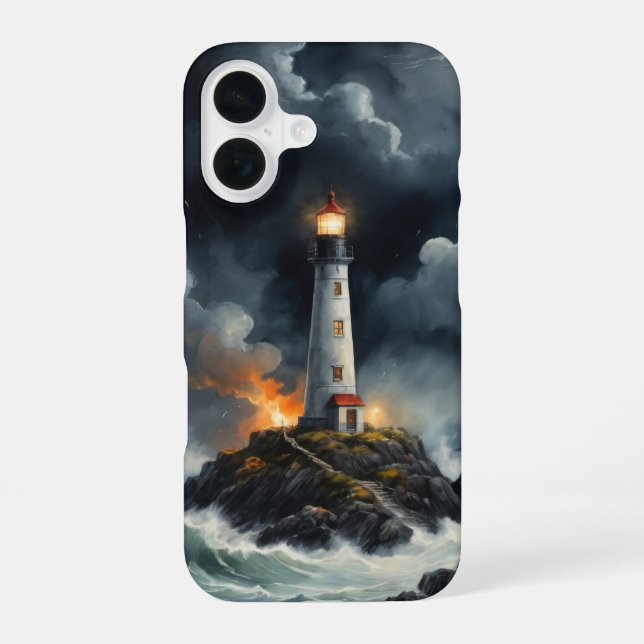 Coque iPhone 16 Phare la nuit dans une mer orageuse (Verso)