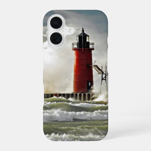 Coque iPhone 16 phare rouge avec vague géante (Verso)
