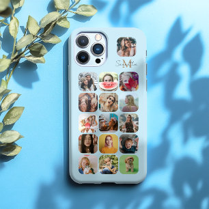 Coque iPhone 16 Pro Max 16 Photo Collage Pastel Blue & Monogram