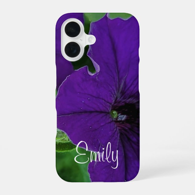 Coque iPhone 16 Photo de fleur violette foncée vive avec nom éléga (Verso)
