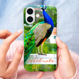 Coque iPhone 16 Photo de paon bleu vert fier Citation Célébrer