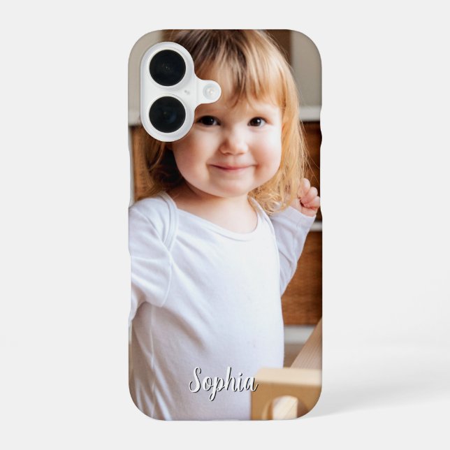 Coque iPhone 16 Photo de votre enfant et nom de script (Verso)