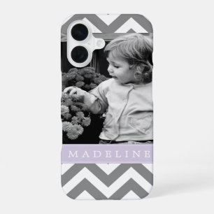 Coque iPhone 16 Photo personnalisé gris et lavande à zigzags
