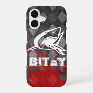 Coque iPhone 16 Pictogramme de requin sur un noir grunge argyle