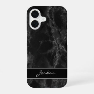 Coque iPhone 16 Pierre en marbre poli noir avec nom