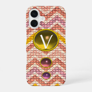 COQUE iPhone 16 PIERRES PRÉCIEUSES JAUNE ROSE ET CHEVRONS MOSAÏQUE